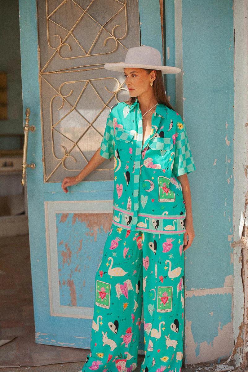 Turquoise short sleeve blouse with motif print in eco rayon