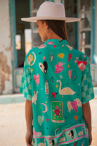 Turquoise short sleeve blouse with motif print in eco rayon