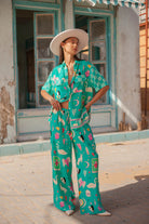 Turquoise short sleeve blouse with motif print in eco rayon