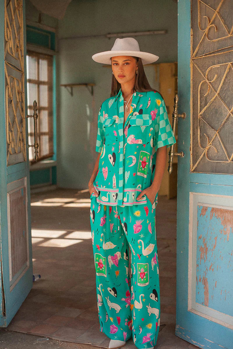 Turquoise short sleeve blouse with motif print in eco rayon