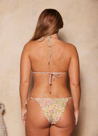 Triangle bikini top in a pretty pink, yellow and green paisley floral print