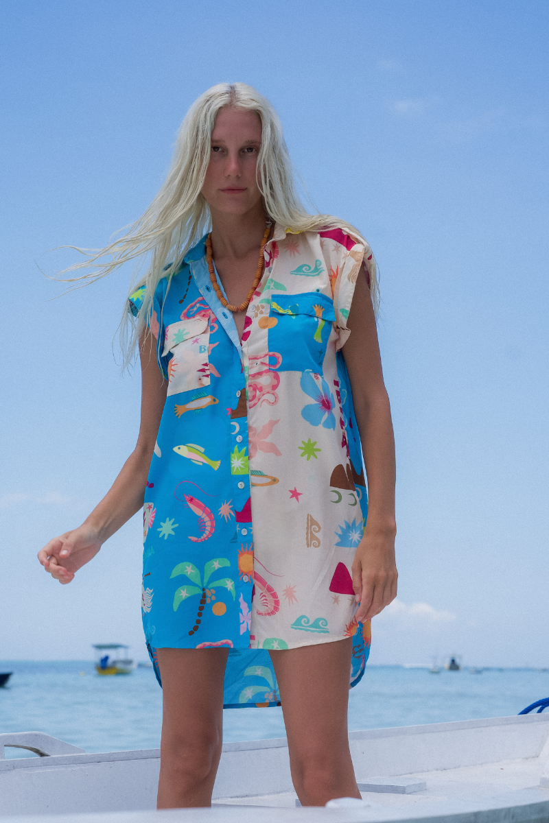 Brightly colored shirt dress from sustainable brand Palm Collective