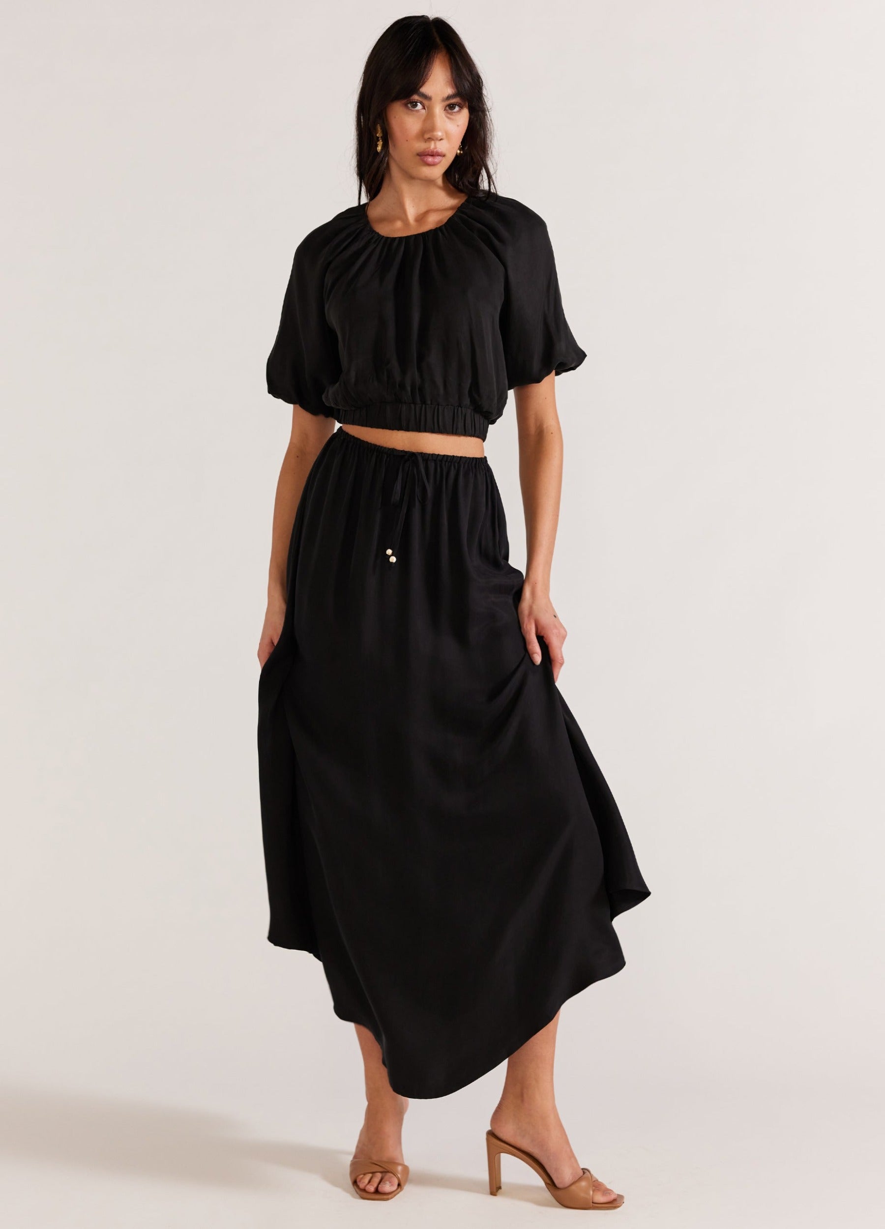 Black cropped top with matching skirt in cupro fabric from Staple the Label