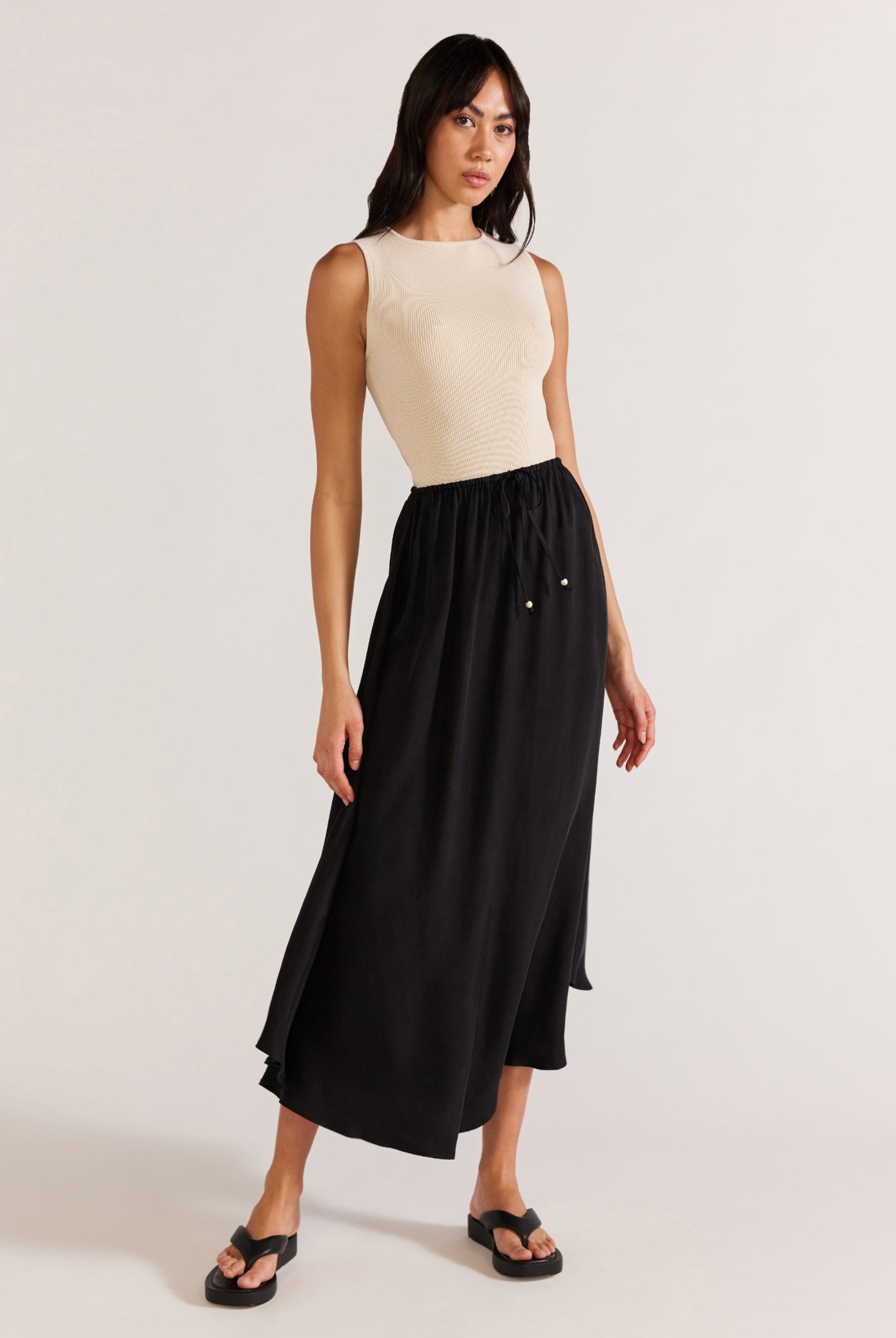 Black Cupro Midi Skirt with elasticated waist and self tie
