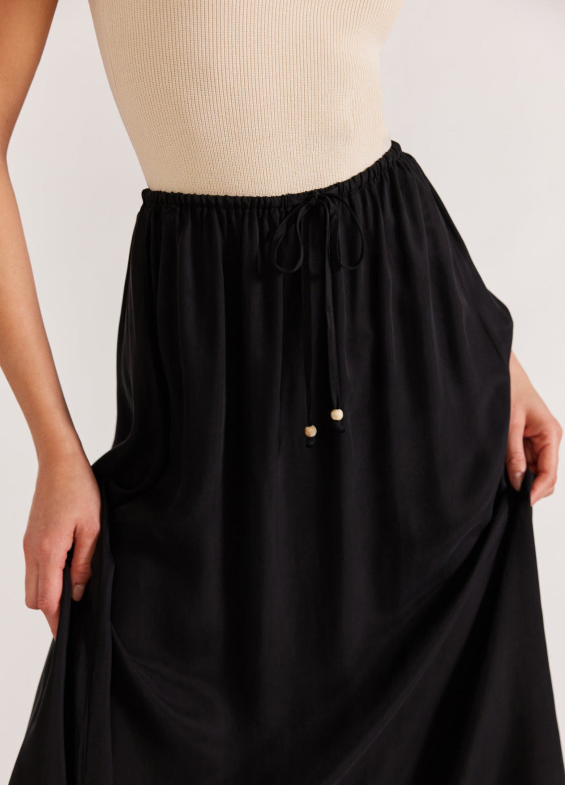 Black Cupro Midi Skirt with elasticated waist and self tie