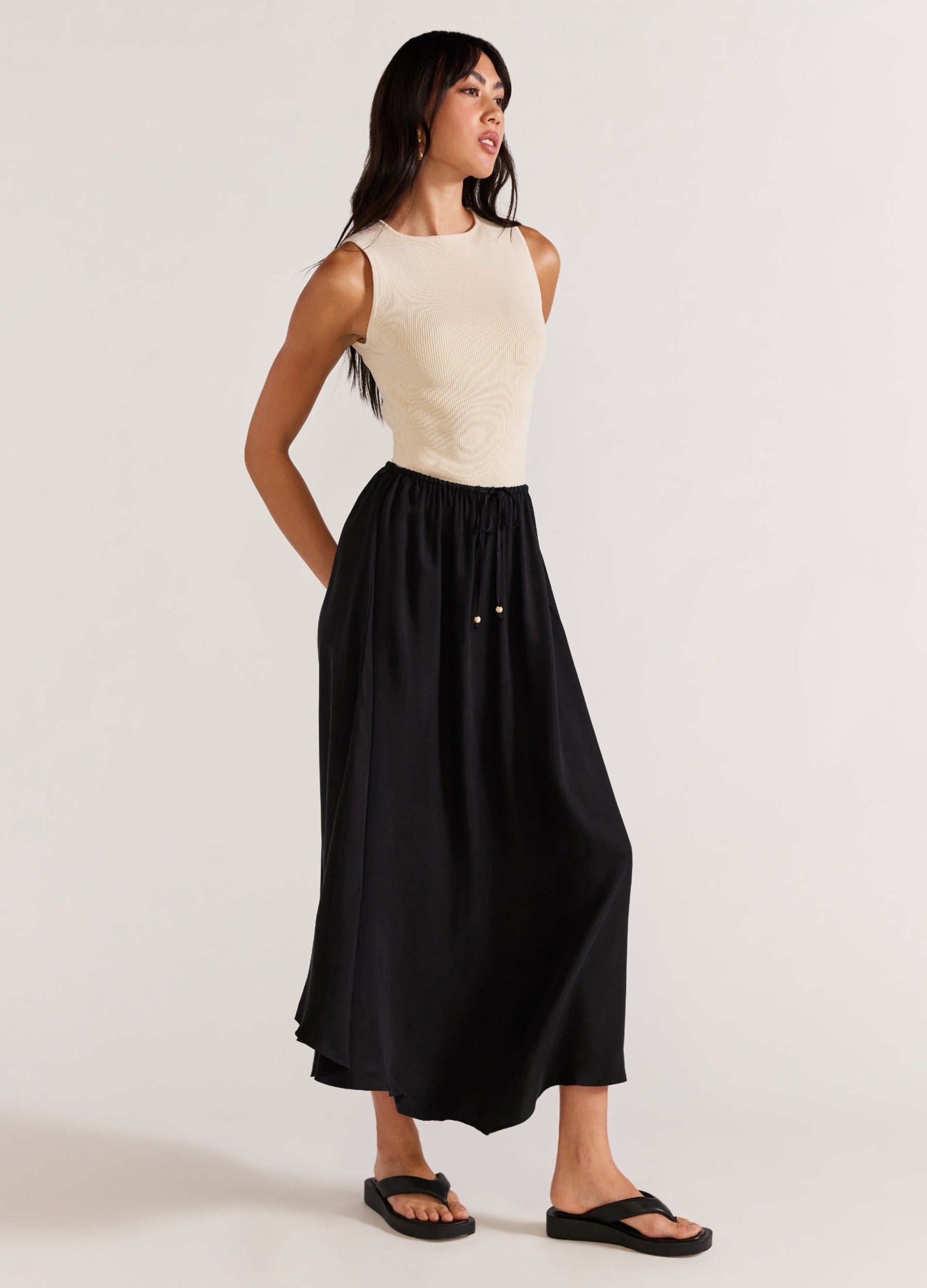 Black Cupro Midi Skirt with elasticated waist and self tie