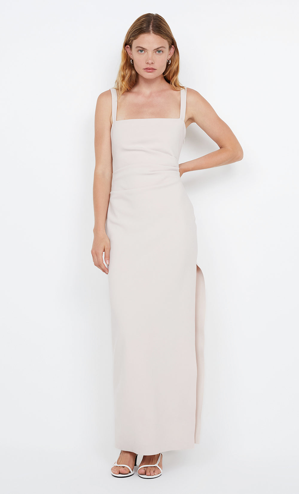 Square neck bonded crepe maxi dress with side split