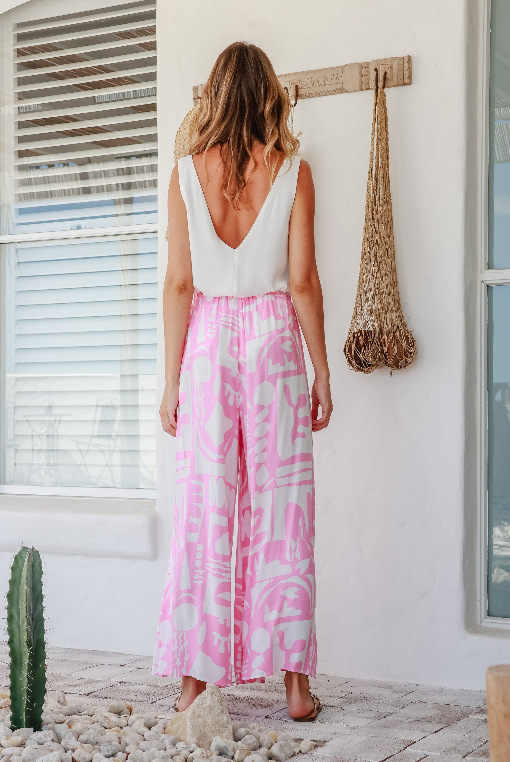 Vienna Print Pant from Label of Love Pink and white geometric print with elasticated waistband