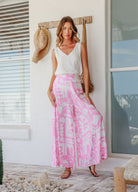 Vienna Print Pant from Label of Love Pink and white geometric print with elasticated waistband