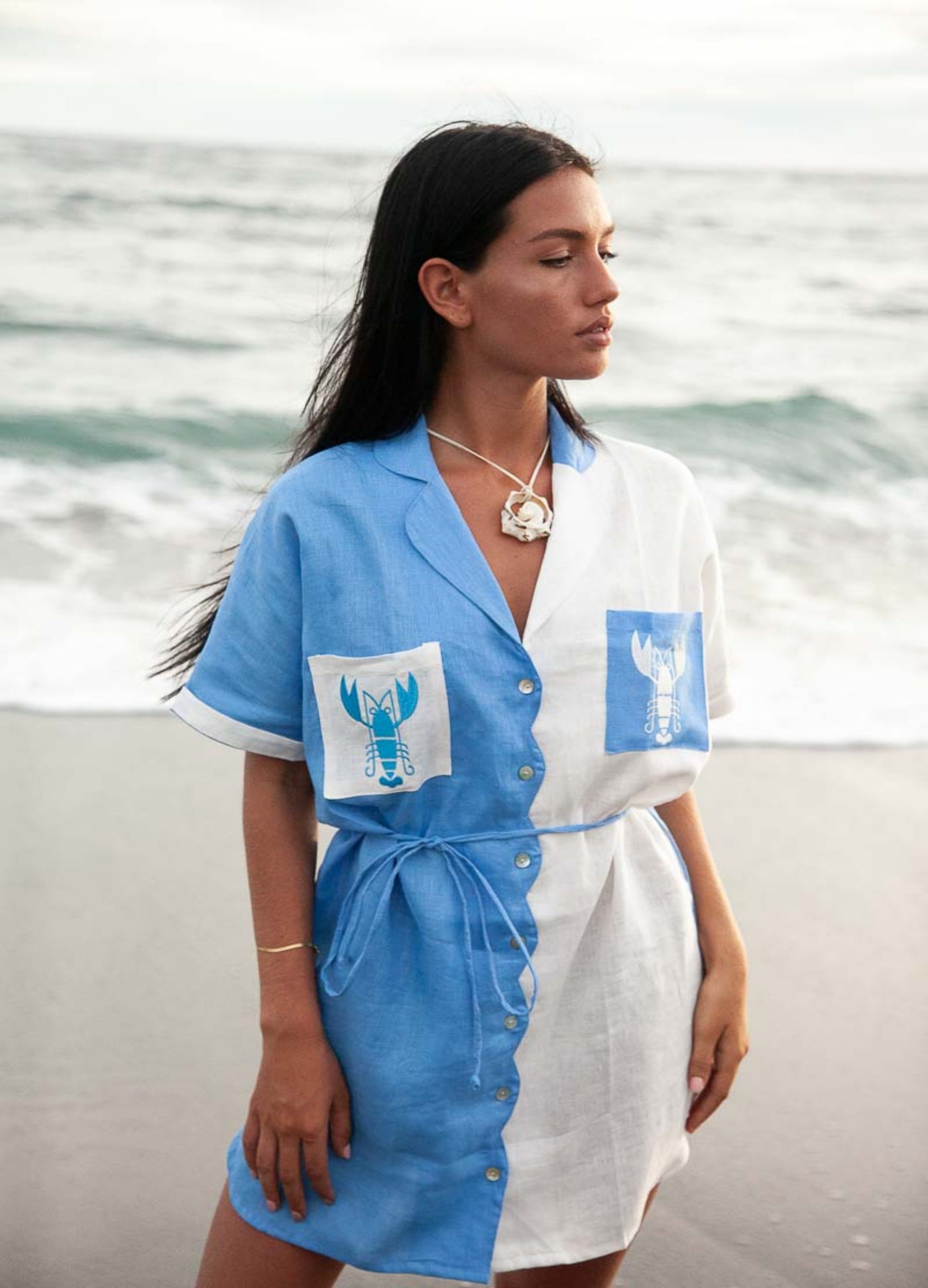 Colour block linen shirt dress from Palm Collective with Lobsters on the pockets