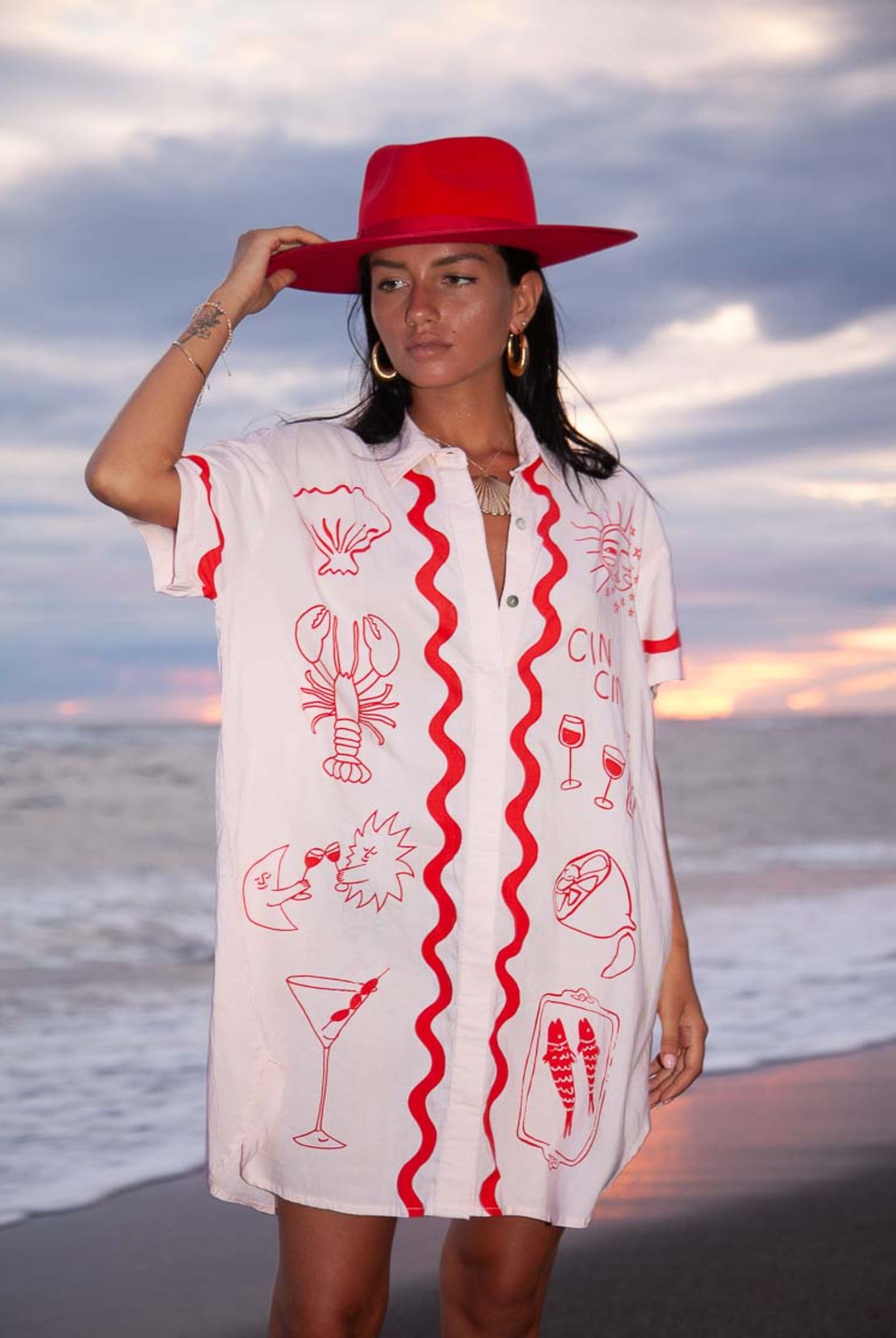 Wine Club Shirt Dress with red ric rac detail and lobster print from Palm Collective