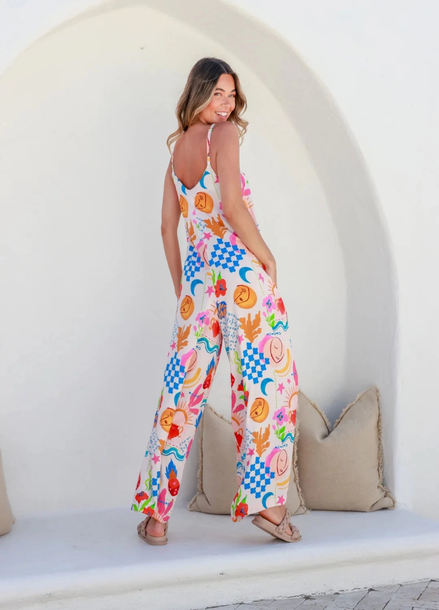 Strappy Bright colour print jumpsuit in breathable fabric