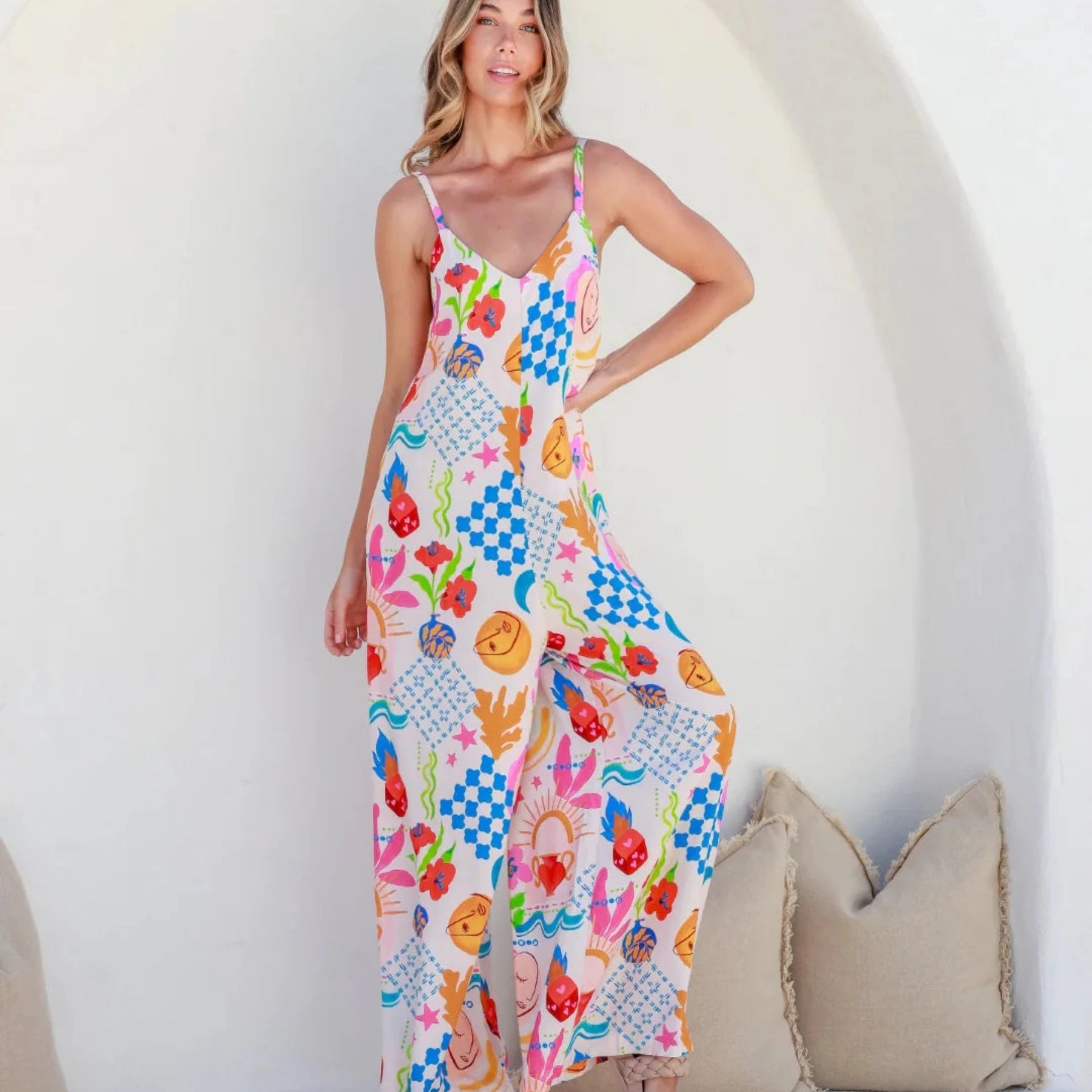 Strappy Bright colour print jumpsuit in breathable fabric