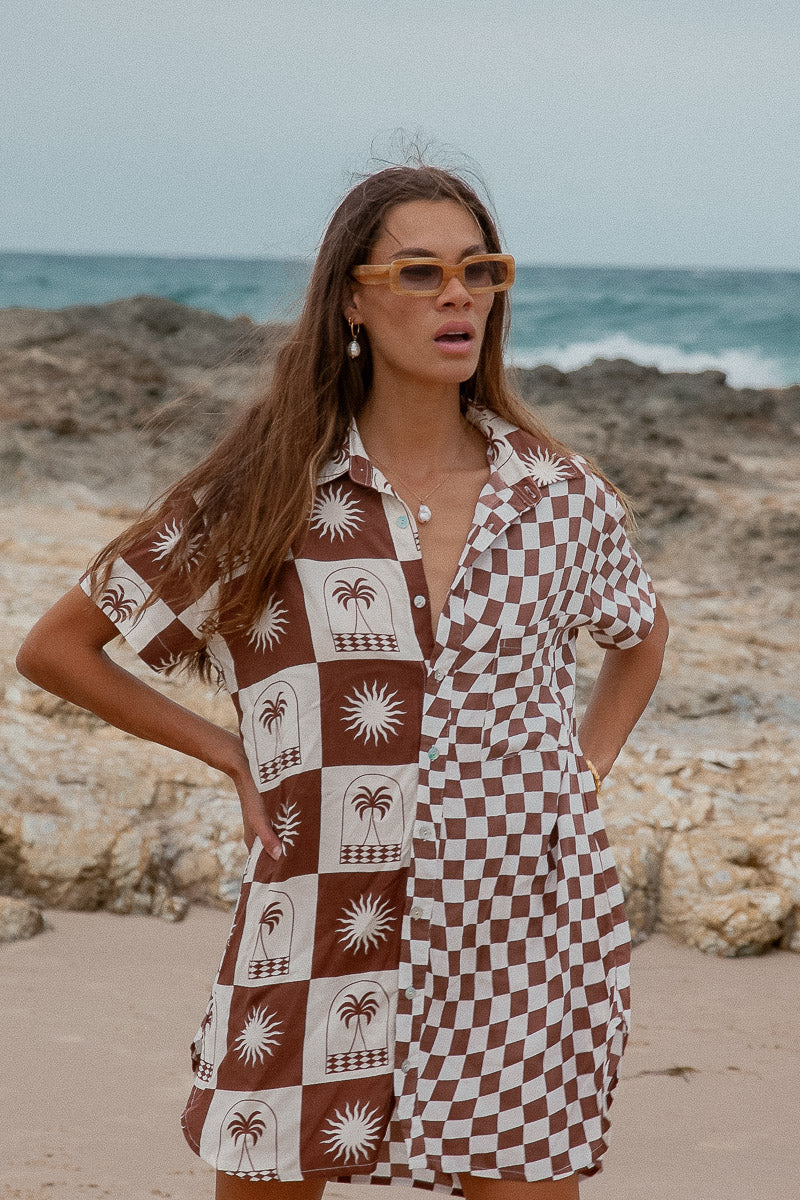 Palm Collective Palma Checkerboard Shirt Dress in brown, front