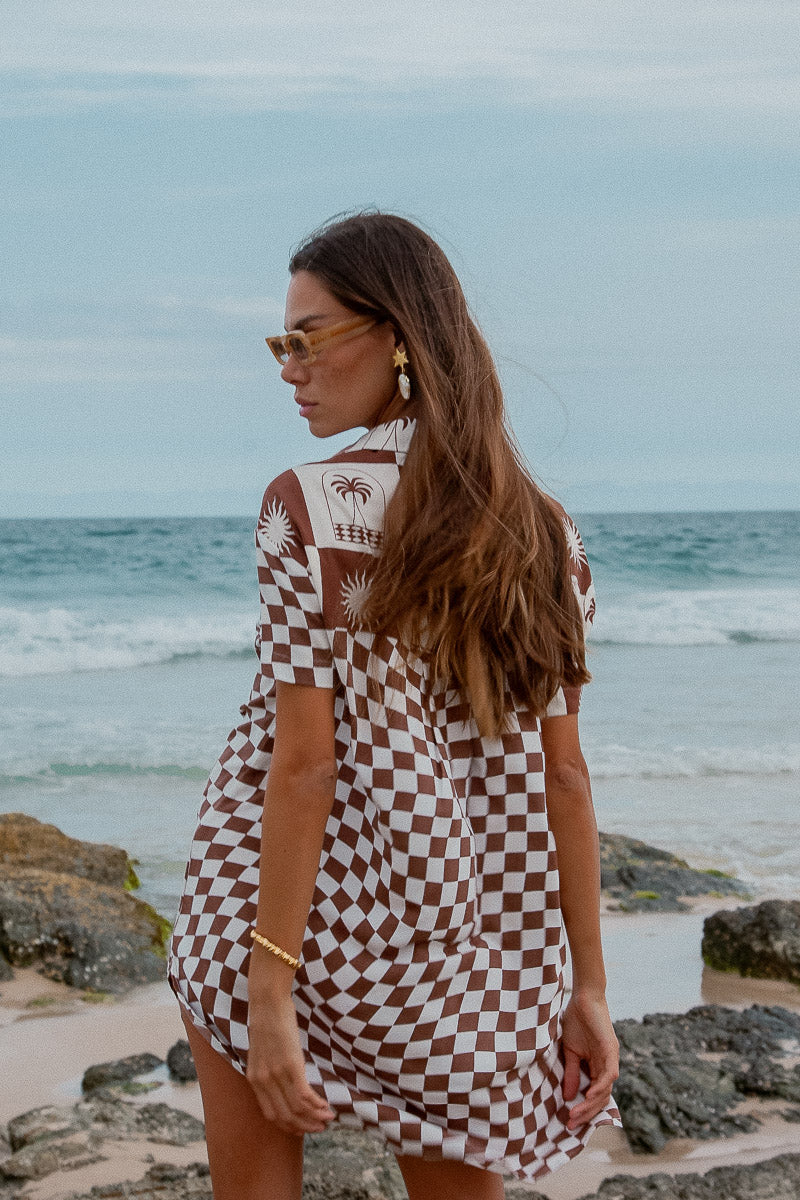 Palm Collective Palma Checkerboard Shirt Dress in brown, back