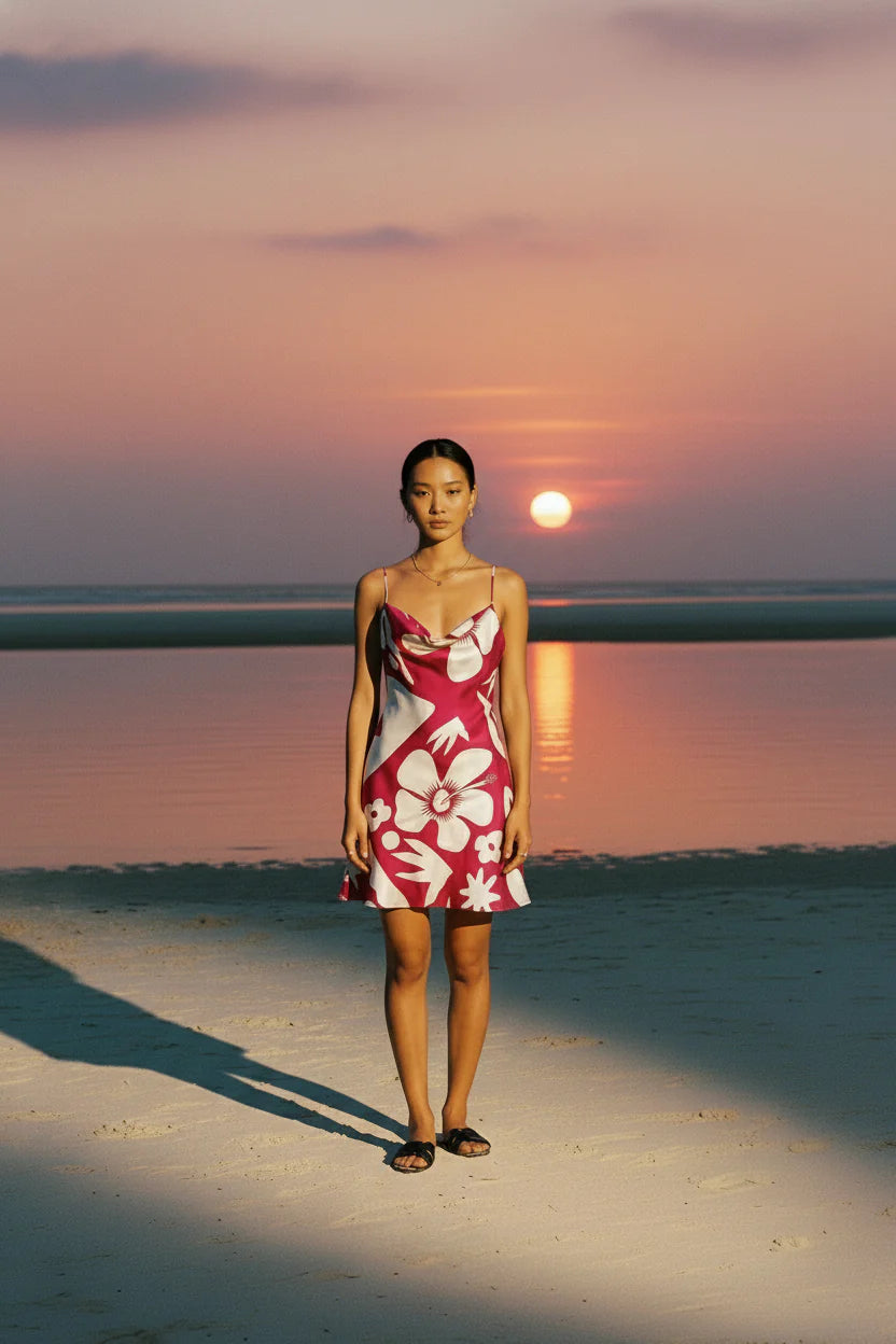 Tahiti mini slip dress from palm collective on a dark skin model against a peach wall. 