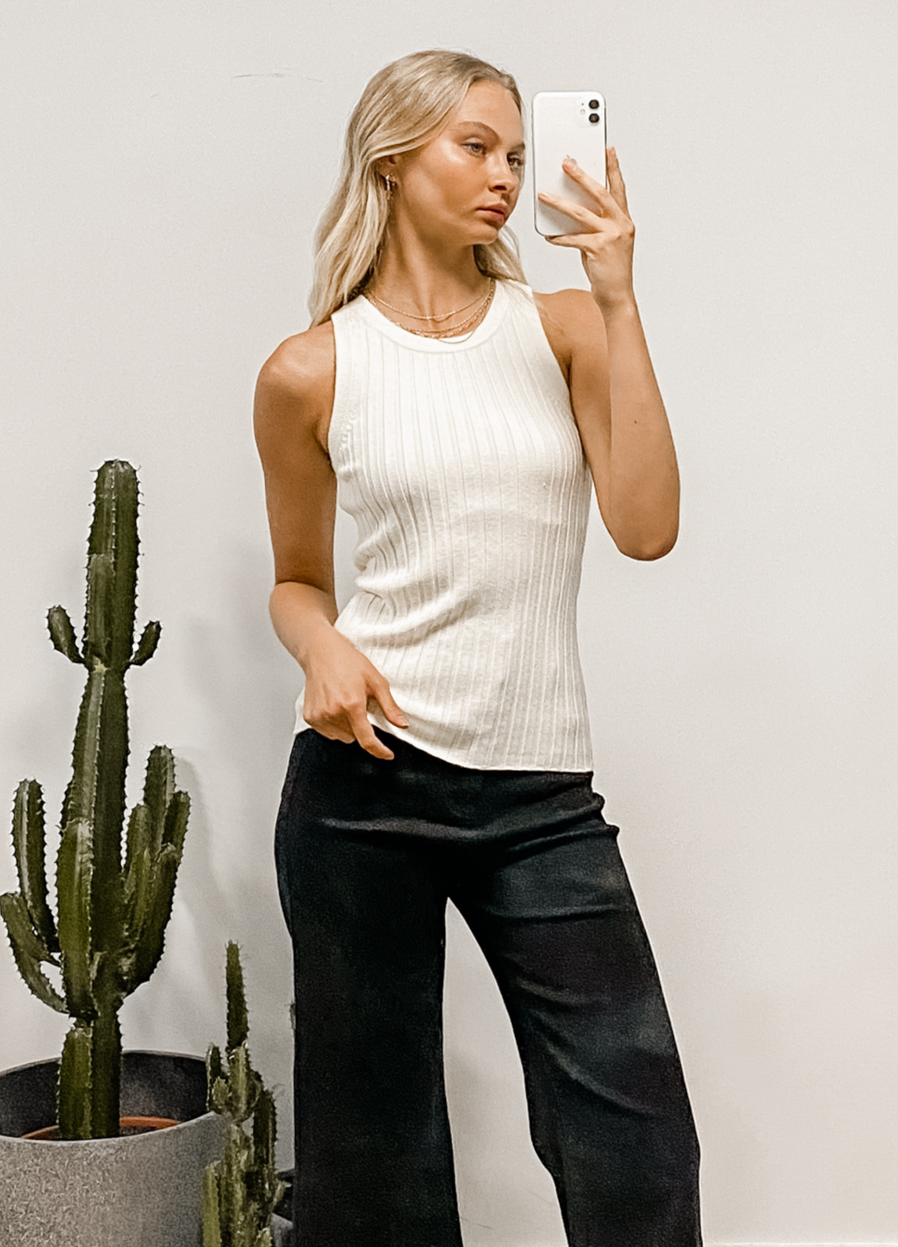 Model wearing the Thea Tank in Off White