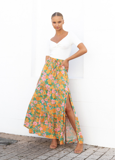 Model wearing Audrey Sunset Maxi Skirt