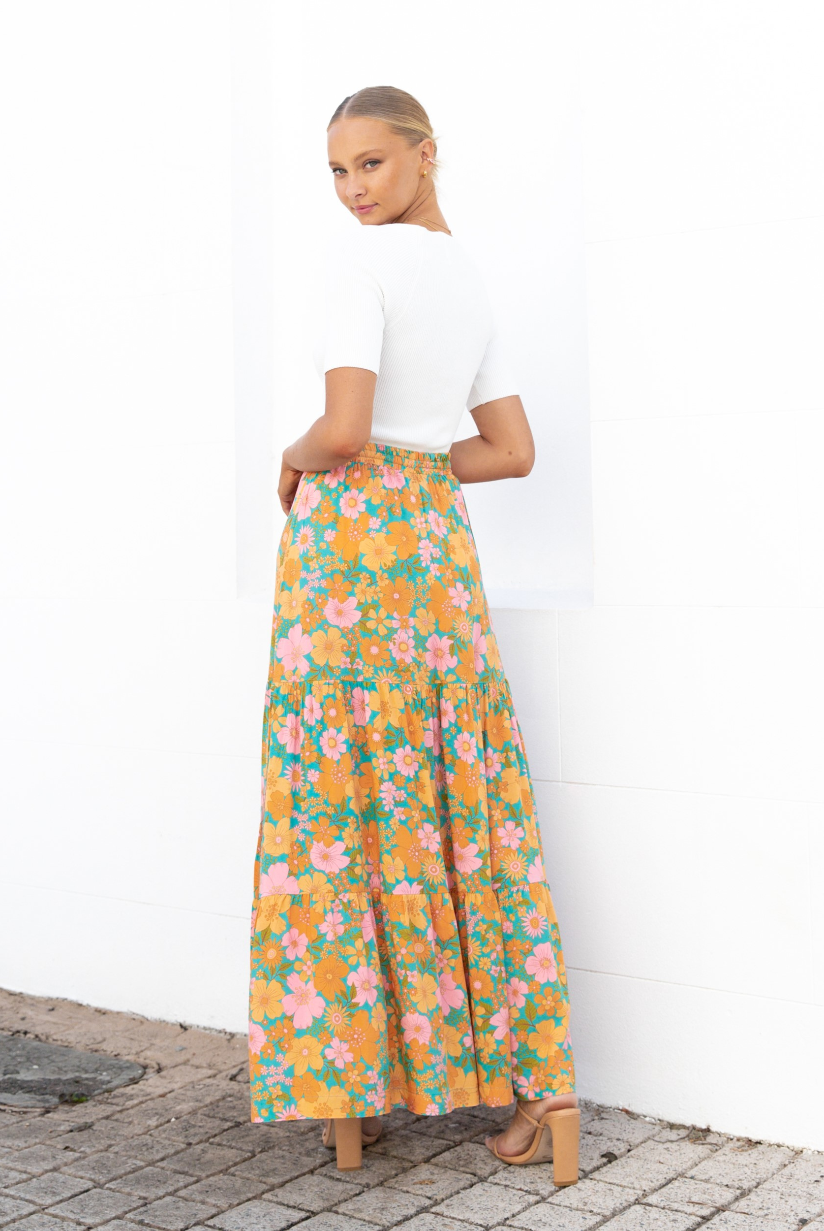 Model wearing Audrey Sunset Maxi Skirt