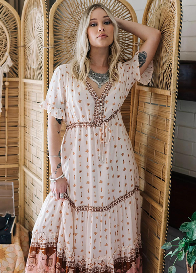 V neck short sleeve maxi dress in boho print sandstone colour