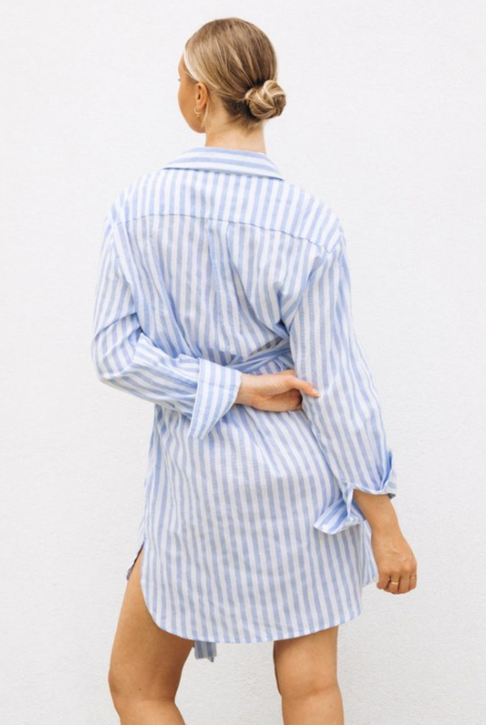 Model wearing the sia stripe shirt dress from paper heart 