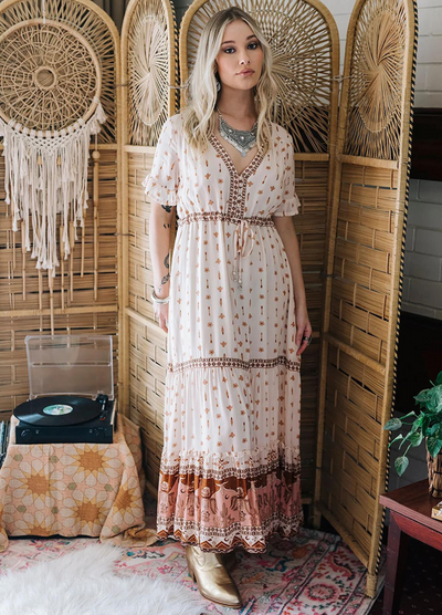 V neck short sleeve maxi dress in boho print sandstone colour