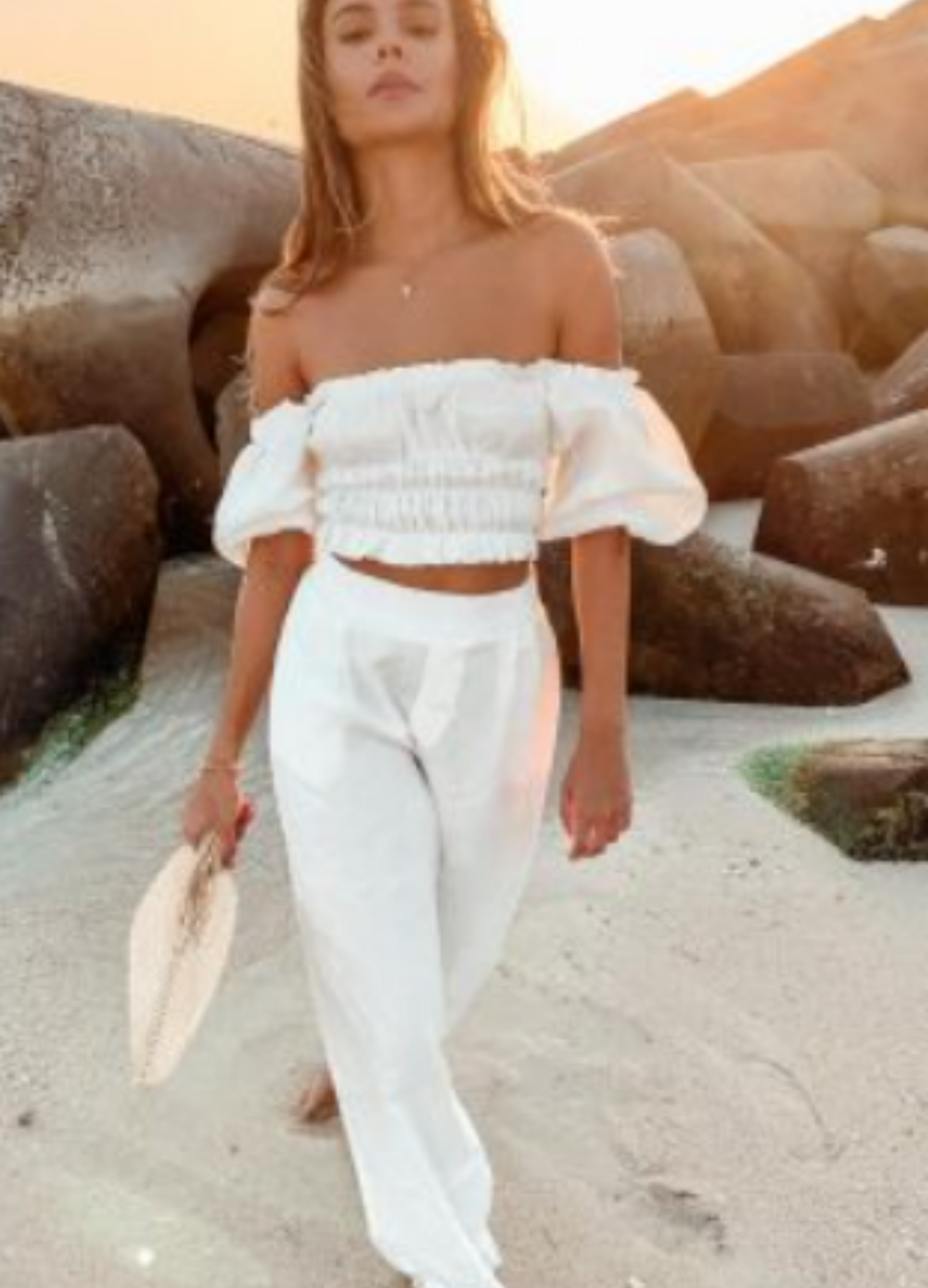 Palm Collective - Elbow Sleeve Zoe Linen Off Shoulder Crop Top