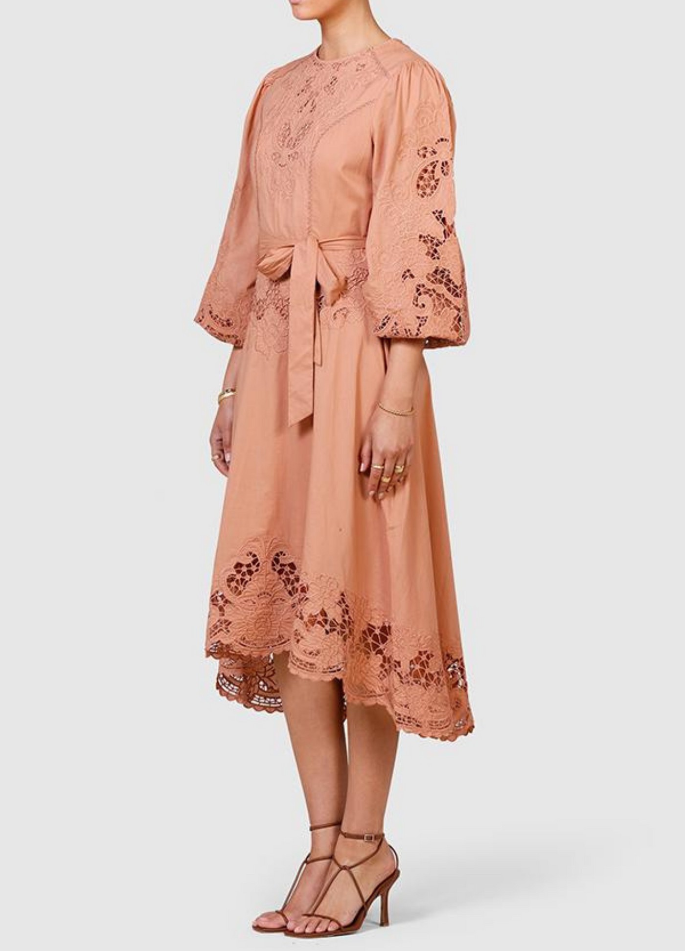 Pink Embroidered Midi Dress on the Model