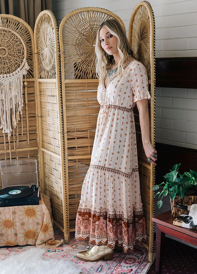 V neck short sleeve maxi dress in boho print sandstone colour