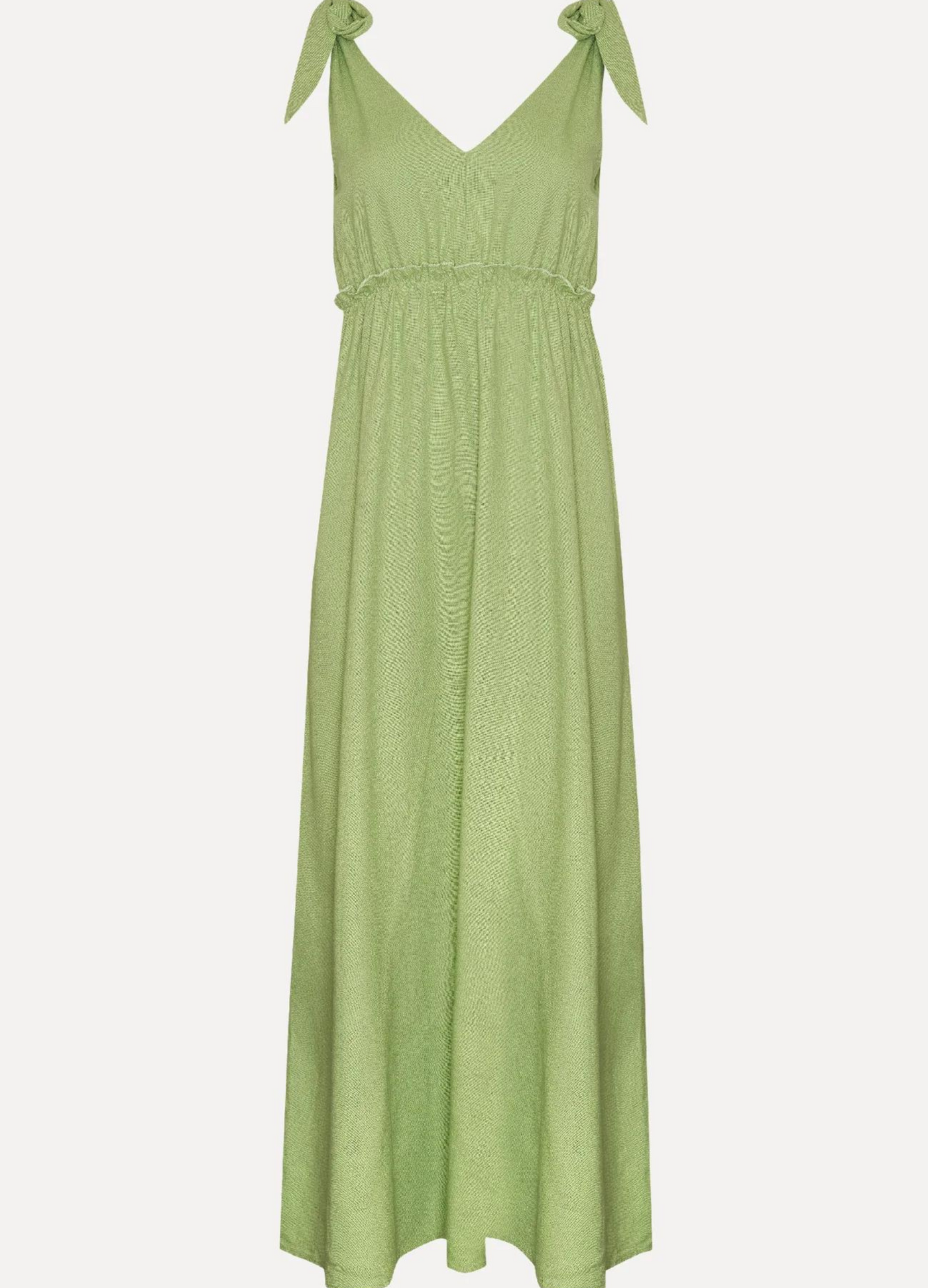 Model wearing Promise Apple Green Dress with tie shoulders and elasticated waist detail