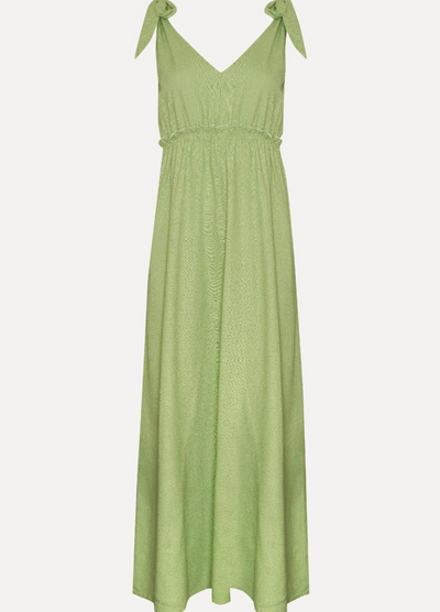 Model wearing Promise Apple Green Dress with tie shoulders and elasticated waist detail