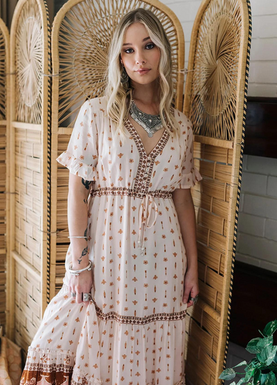 V neck short sleeve maxi dress in boho print sandstone colour