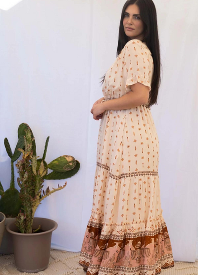 V neck short sleeve maxi dress in boho print sandstone colour