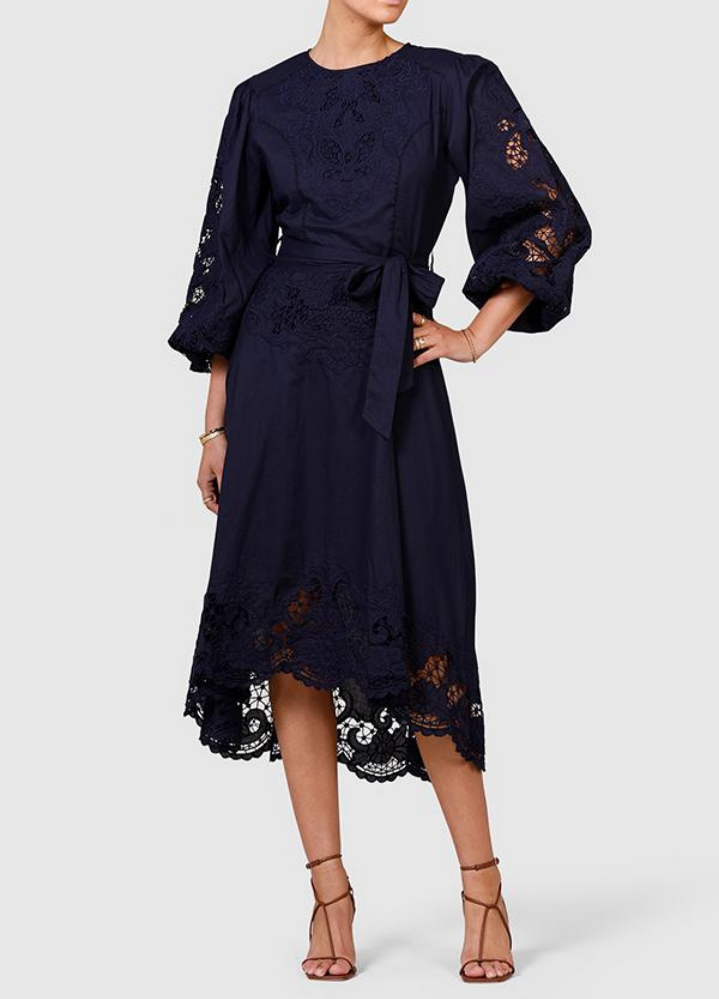 Model wearing navy blue midi dress from ministry of style