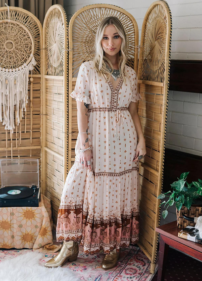 V neck short sleeve maxi dress in boho print sandstone colour