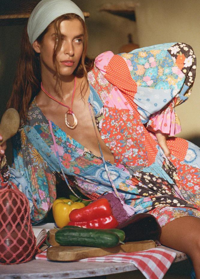 Model wearing the jewel print cha cha boho midi dress