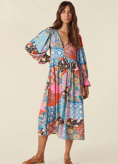 Model wearing the jewel print cha cha boho midi dress