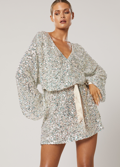 Winona - Long Sleeve Spectral Sparkle Wrap Mini Dress