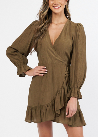 Model wearing a khaki green wrap dress