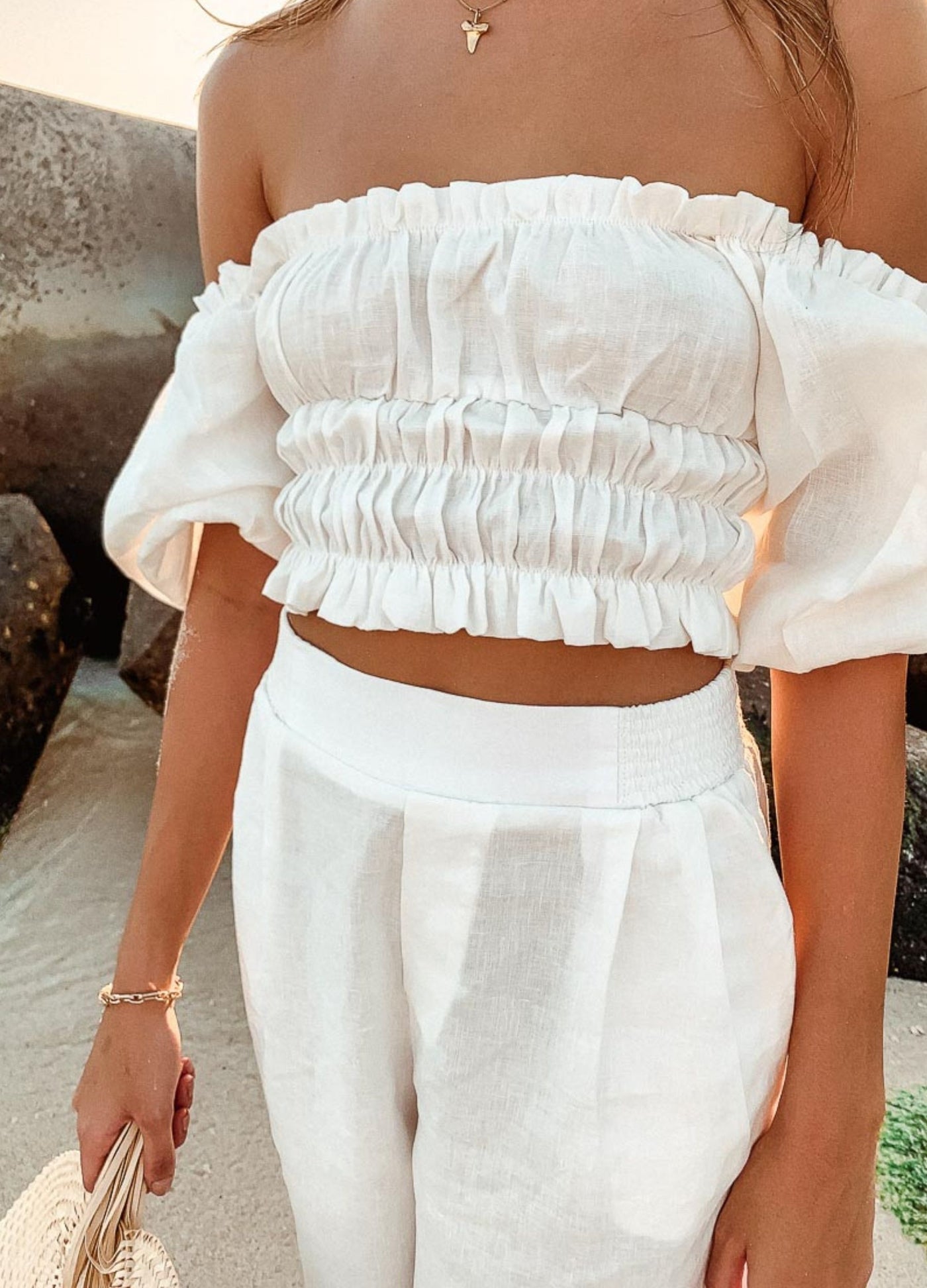 White linen beach pant and white top