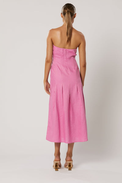 Model wearing strapless pink breathable fabric occasion dress