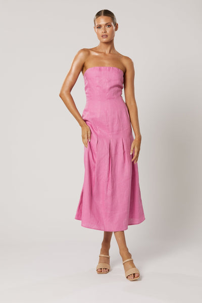 Model wearing strapless pink breathable fabric occasion dress