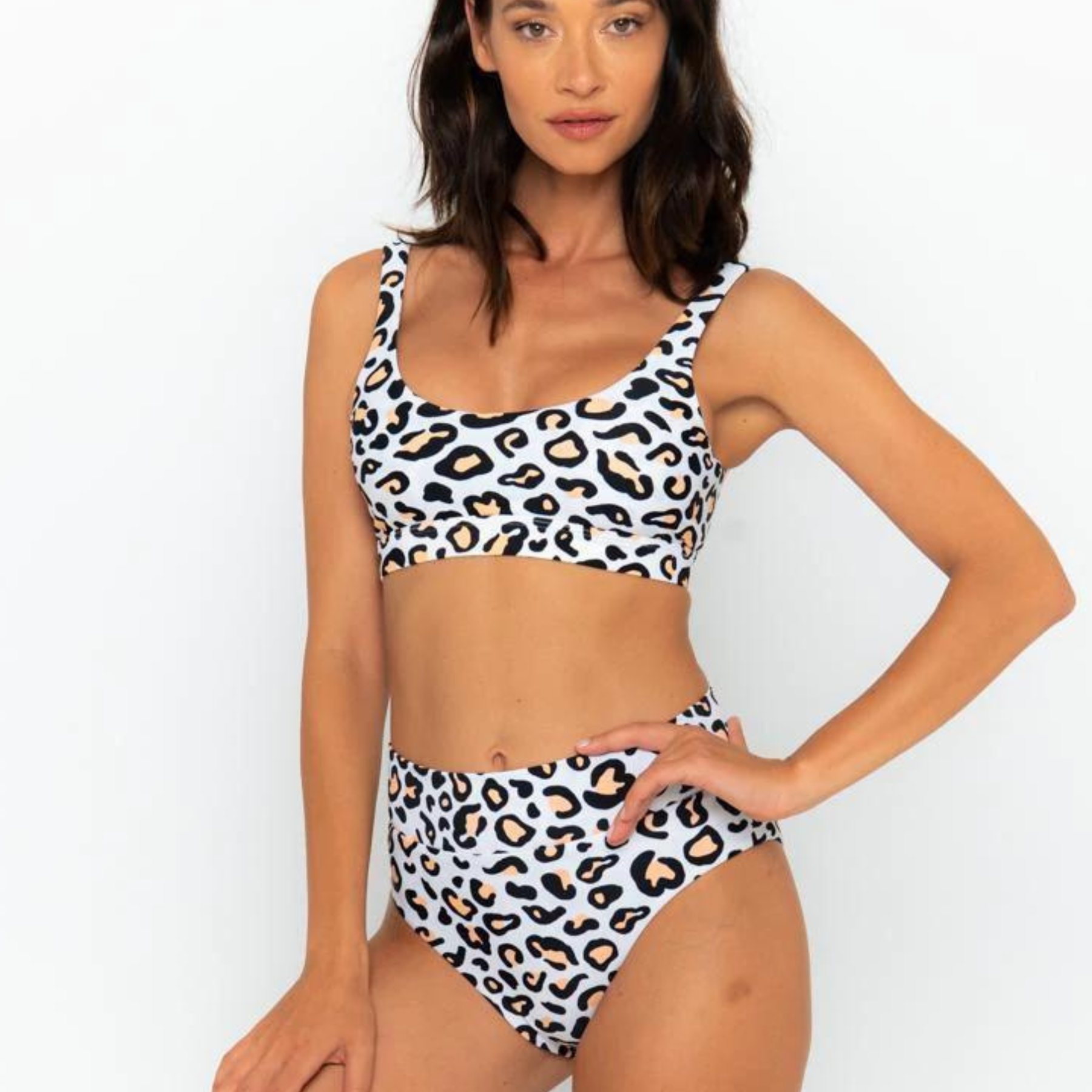 Model wearing the safari animal print bikini from infamous swim