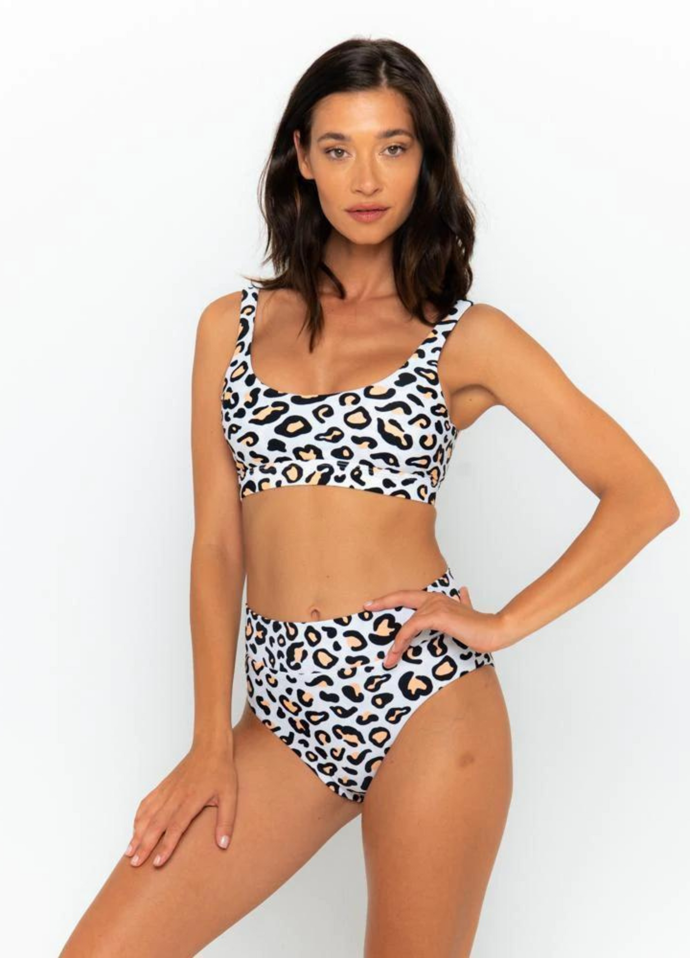 Model wearing the safari animal print bikini from infamous swim