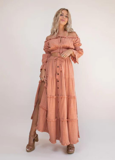 Tropical Dream - Elbow Sleeve Esmeralda Off Shoulder Crop Top - Dusty Pink