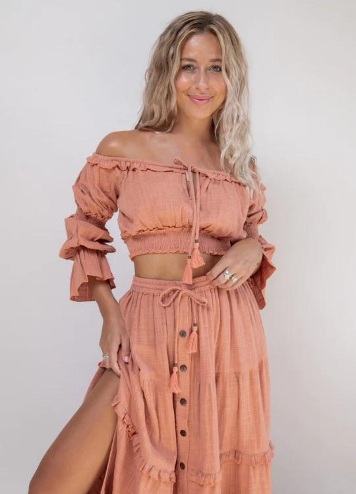 Tropical Dream - Elbow Sleeve Esmeralda Off Shoulder Crop Top - Dusty Pink