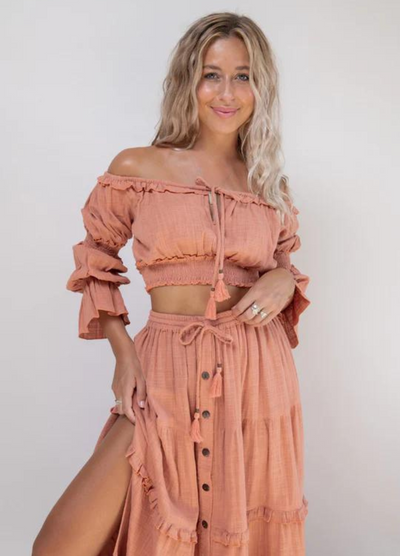 Tropical Dream - Elbow Sleeve Esmeralda Off Shoulder Crop Top - Dusty Pink