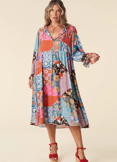 Model wearing the jewel print cha cha boho midi dress