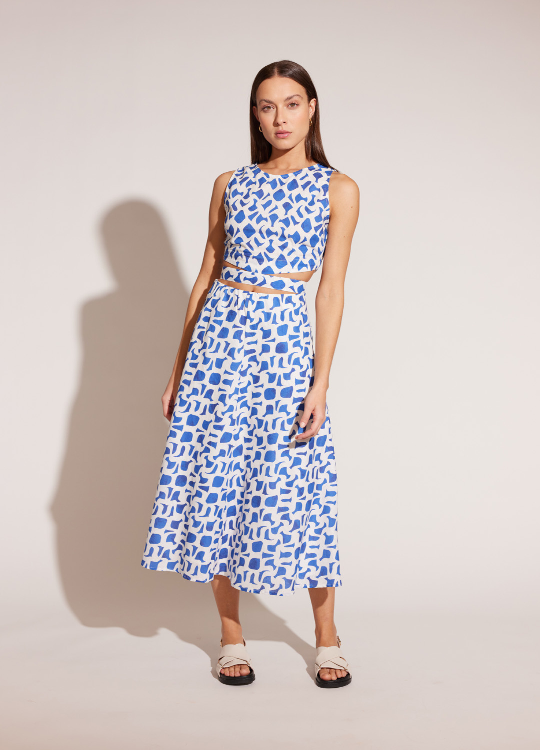 Model wearing the Venezia Crop Top and co-ord skirt