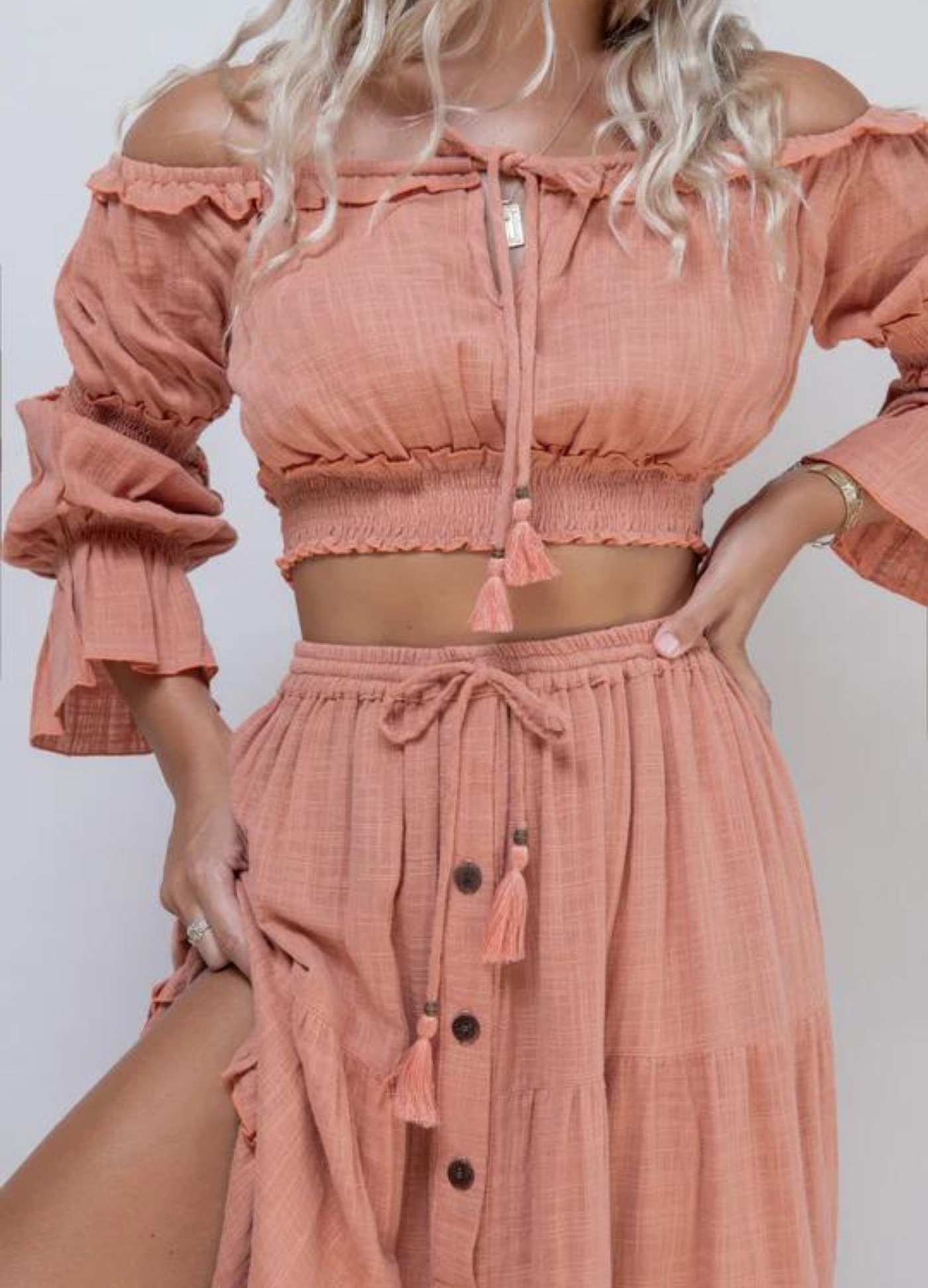 Tropical Dream - Elbow Sleeve Esmeralda Off Shoulder Crop Top - Dusty Pink